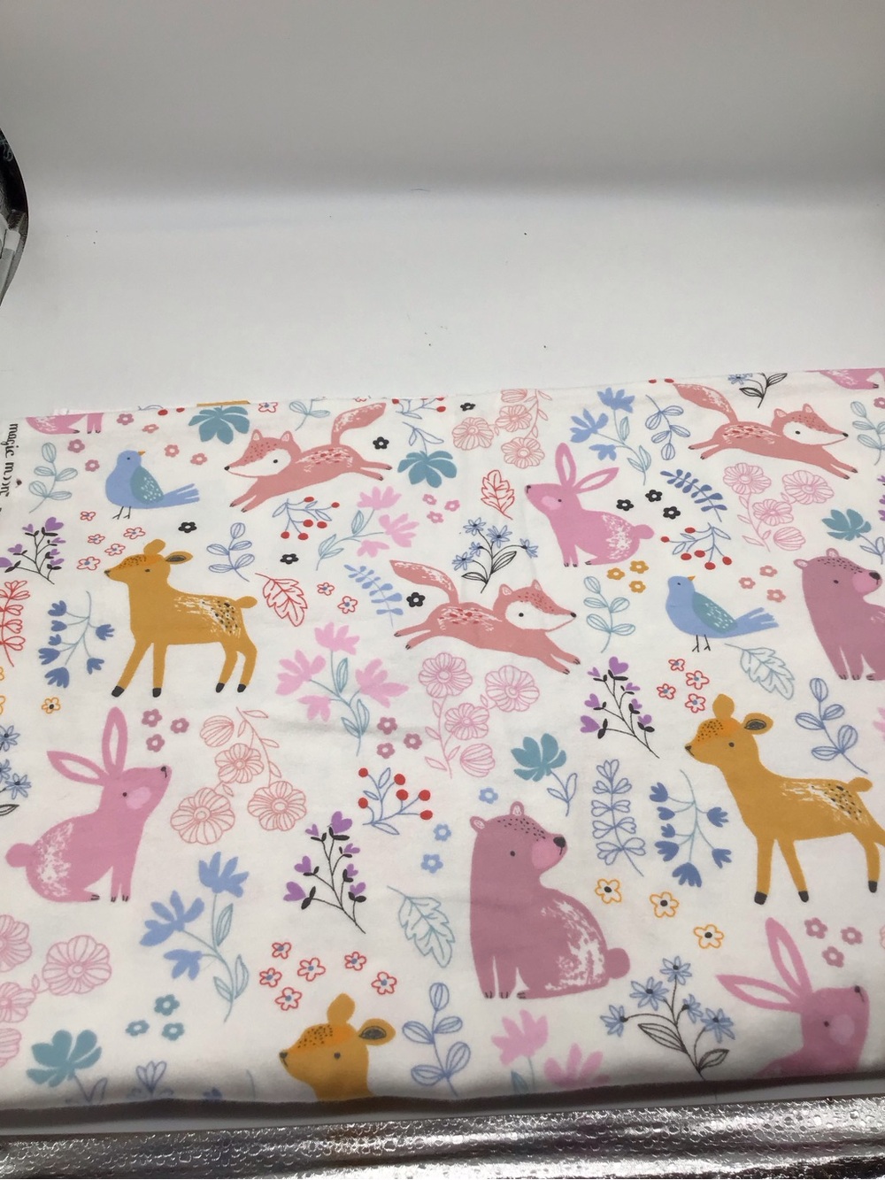 Whimsical Woodland Cotton flannel Fabric in Pink, Yellow, Blue size 1.5ydx45in.